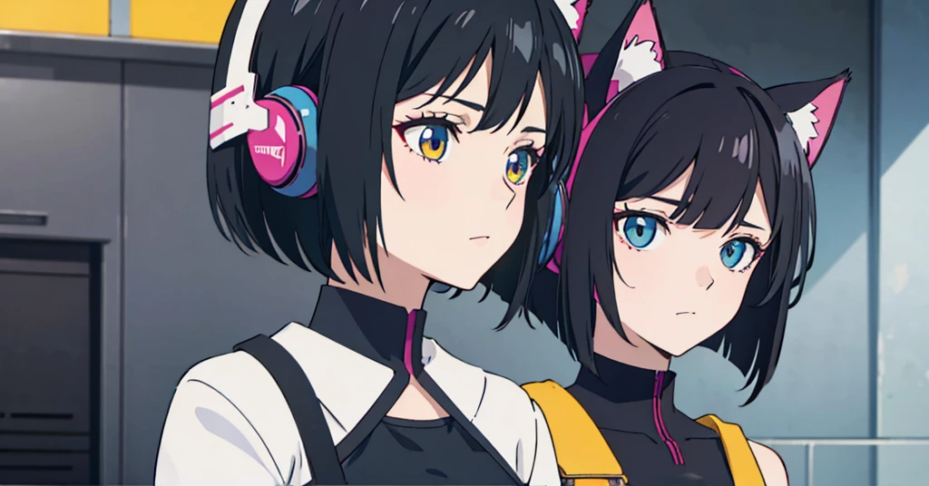 Shortcuts, Black Hair, Bob Hair, Large Breasts, Cat ear headphones, Character portrait, 