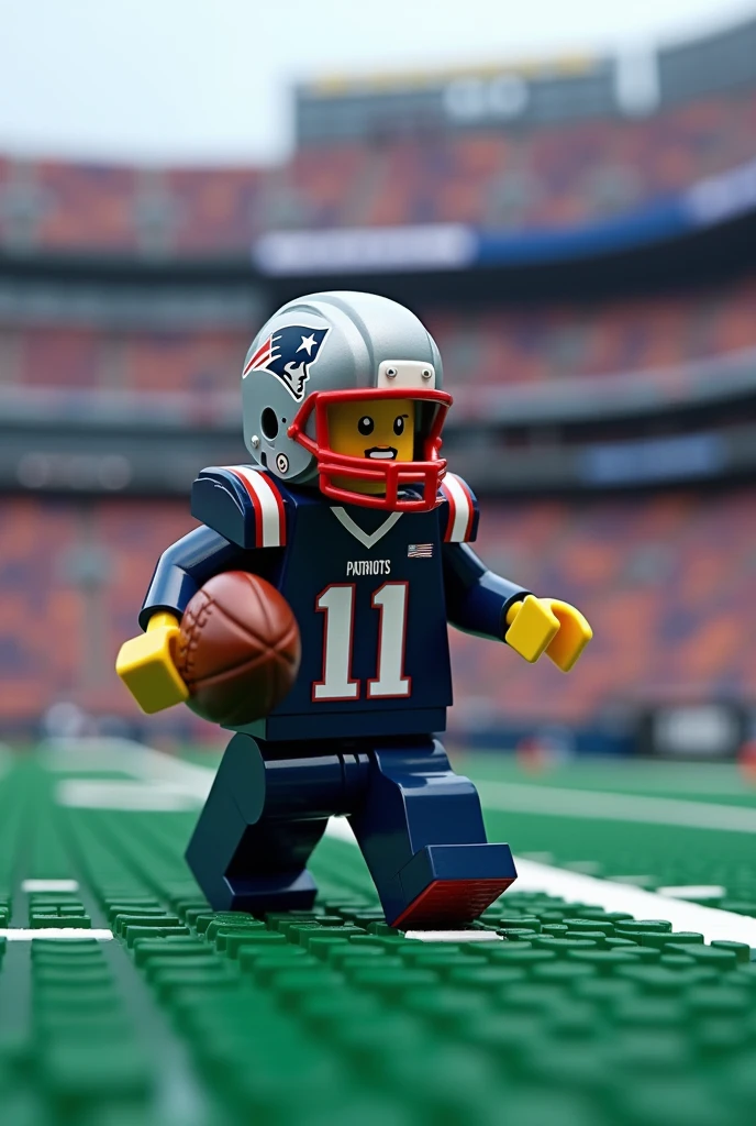 player #New England Patriots 11 on the field at Gillette Stadium made of millions of LEGO pieces carrying the ball to score a touchdown 