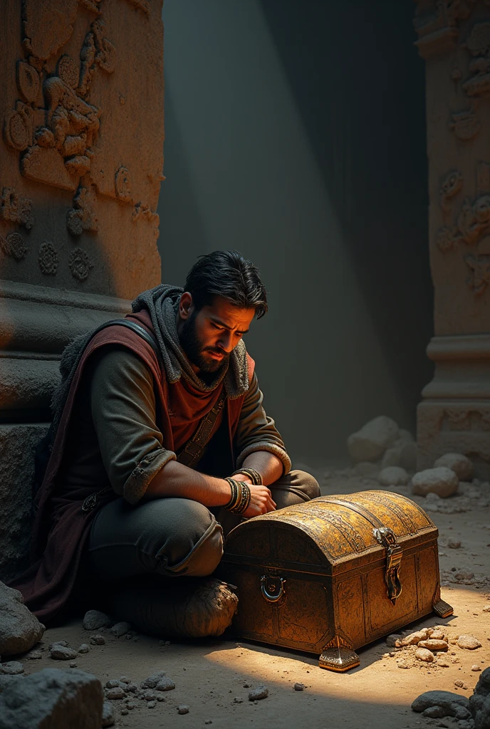 scene: With the guardian defeated, Javier Mina sits on the floor, exhausted but victorious, with the treasure chest at his side.