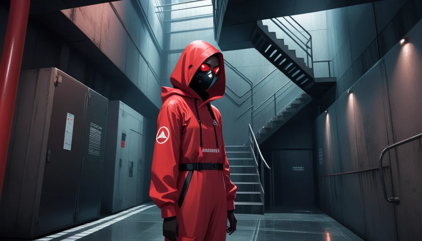 squid games ,masked soldier, red jumpsuit, black face mask, circle symbol, triangle symbol, square symbol, geometric shapes, faceless enforcer, cold and sterile environment, claustrophobic atmosphere, industrial setting, metallic staircases, sharp and harsh lighting, ominous presence, regimented order, anonymous identity, dystopian aesthetic, towering walls, surveillance, oppressive control, eerie silence, tension-filled atmosphere