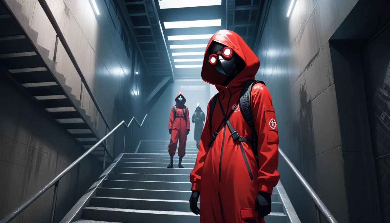 squid games ,masked soldier, red jumpsuit, black face mask, circle symbol, triangle symbol, square symbol, geometric shapes, faceless enforcer, cold and sterile environment, claustrophobic atmosphere, industrial setting, metallic staircases, sharp and harsh lighting, ominous presence, regimented order, anonymous identity, dystopian aesthetic, towering walls, surveillance, oppressive control, eerie silence, tension-filled atmosphere