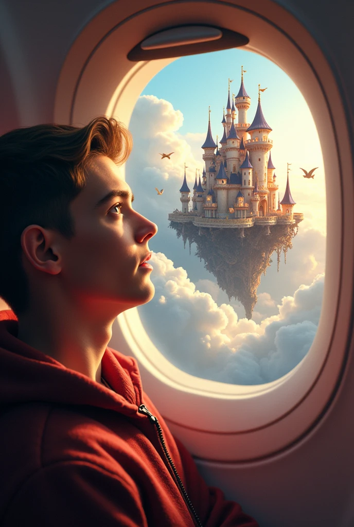 a man young in an airplane, shocked to see a tea cup castle floating on a cloud, ultra detailed digital painting, cinematic lighting, dramatic clouds, highly detailed, intricate architecture, volumetric lighting, vibrant colors, photorealistic, epic fantasy scene, dramatic atmosphere, cinematic composition