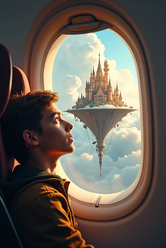 a man young in an airplane, shocked to see a tea cup castle floating on a cloud, ultra detailed digital painting, cinematic lighting, dramatic clouds, highly detailed, intricate architecture, volumetric lighting, vibrant colors, photorealistic, epic fantasy scene, dramatic atmosphere, cinematic composition