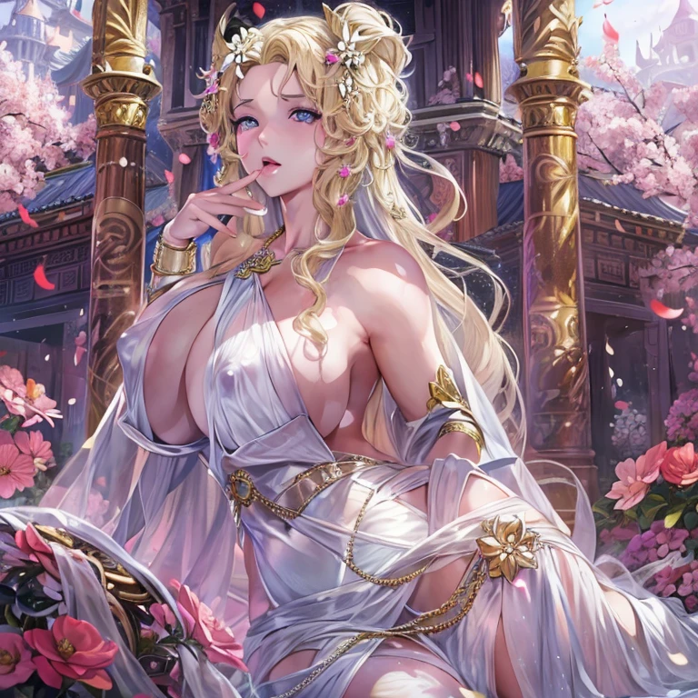 Gorgeous衣装を着たアニメのgoddess,((masterpiece, Highest quality, Highly detailed CG, unity 8k wallpaper ))装飾的なGorgeousドレスを着た女性, Flowers in hair, CG society hot topic, Fantasy art, ((Beautiful Fantasy Empress)),  8K high quality, detailed art, 美しく優雅なQueen, Beautiful Celestial Magician, Very luxurious,gem, nice, wonderful, Gorgeous, noble, Noble,  arrogant,(((goddess))), Queen,(((古代の衣装を着たgoddess))),Glowing Skin,Provocative face,Perfect Face,ヨーロッパ風のgoddess，Blonde,,Saggy breasts, Huge breasts,Cleavage,Temple Background,High resolution decoration,Gorgeous装飾を身に着けている,embroidery,hair flower, greek clothes, cleavage, navel, white dress, bracelet, huge breasts