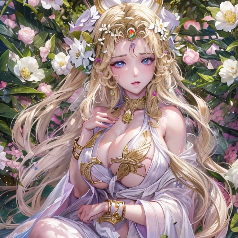 ((best quality)), ((masterpiece)), (detailed), realistic eyes, blonde, gold skimpy lingerie, greek landscape, alluring succubus, ethereal beauty, perched on a pink blossom tree, (fantasy illustration:1.3), enchanting gaze, captivating pose, solo girl, delicate butterfly wings, otherworldly charm, mystical sky, (Luis Royo:1.2), (Yoshitaka Amano:1.1), moonlit night, soft colors, (detailed cloudscape:1.3), (high-resolution:1.2) (dragon flying in the sky) dress, legs dangling above pond, greek goddess, realistic, realism, sexy body, glowing torches,