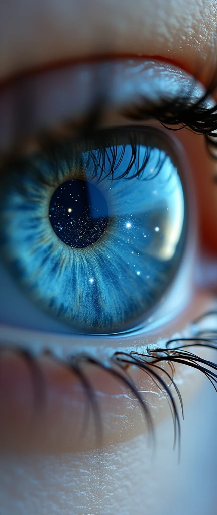 A highly detailed, ultra-realistic macro photograph of a light blue human female eye, with the Milky Way galaxy beautifully reflected in the iris and pupil. The image is taken with a top-tier DSLR camera and an exceptional macro lens, ensuring vibrant, crisp colors and textures. The stars and celestial patterns of the Milky Way are clearly visible, merging naturally with the eye's structure. The aspect ratio is 9:21, emphasizing the vertical orientation