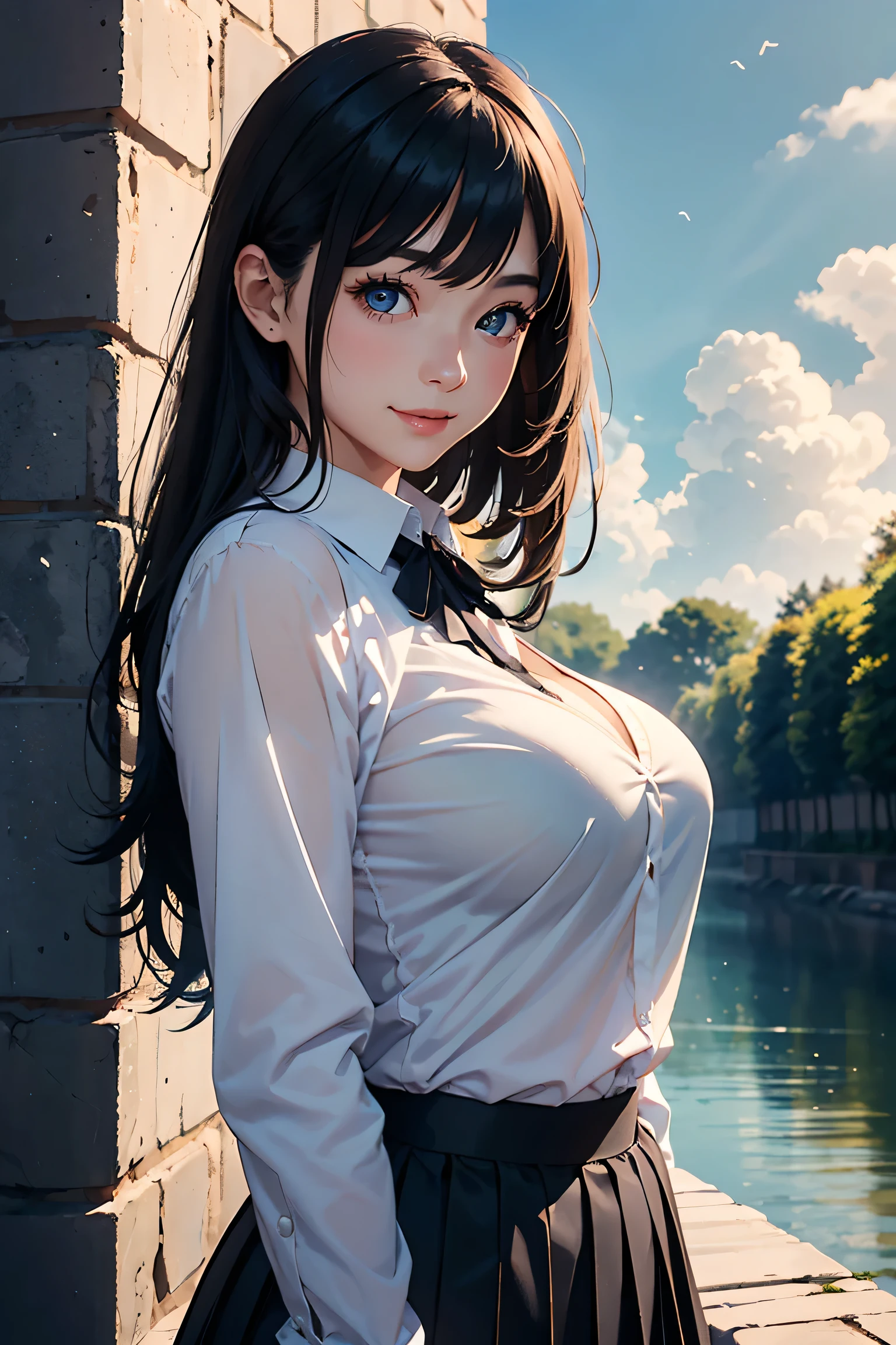 (best quality,4k,8k,highres,masterpiece:1.2),ultra-detailed,realistic,beautiful detailed eyes,beautiful detailed lips,extremely detailed eyes and face,longeyelashes,garden,warm sunlight,summer ,miniskirt,black hair,ponytail,white shirt with open neckline