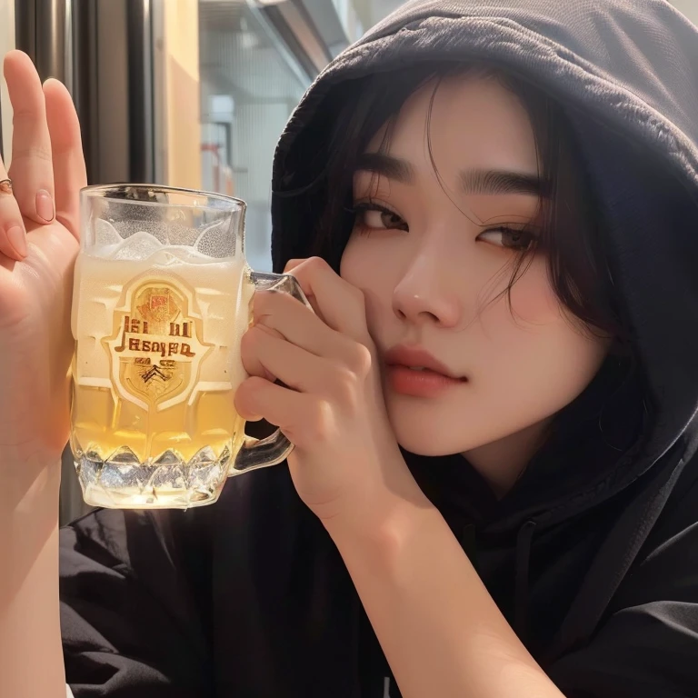 a bearded woman in a hoodie holding a glass of beer, holding beer, Jung Jaehyun, Jinyoung Shin, holding a beer, Drink beer, holding a beer!!, drinking a beer, Cai Xu Kun, holding a beer pitcher, Jimin, holding a drink, holding a big glass of beer, with a drink, Kim Doyoung, jinyoung blackhead aesthetic