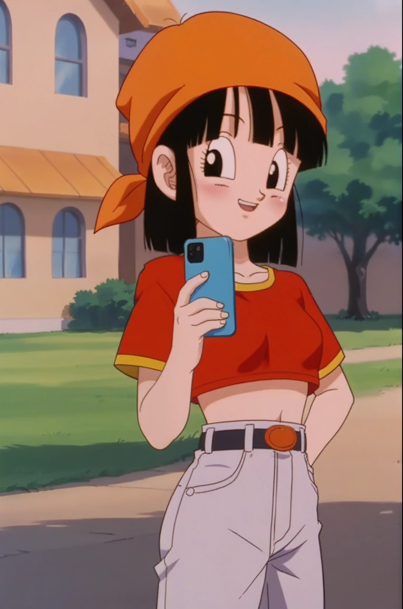 source_anime, score_9, score_8_up, score_7_up, anime screencap,
pangt, 1girl, happy, bangs, closed mouth, blushing, black hair, field, brick town, sunset, A hand with thumb and little finger extended, hand forming call sign, making a traditional phone-like shape, phone, Watching the sunset, collarbone, whole body, teeth, blunt bangs, outdoors, black eyes, eyelashes, upper teeth only, close-up, red crop top, bandana, retro artstyle, , 1990s \(style\), orange headwear, medium ass, medium breasts