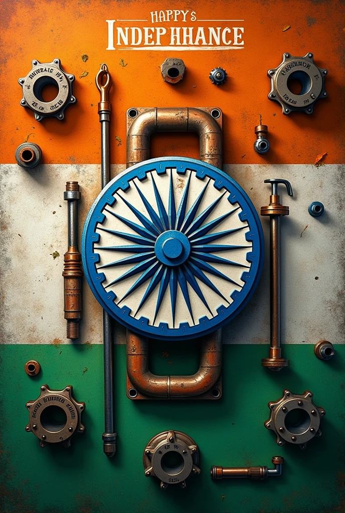 India independence day wish card and having hydrolics pipes of jcb and tractor spare parts on it with wish written on it happy independence day 