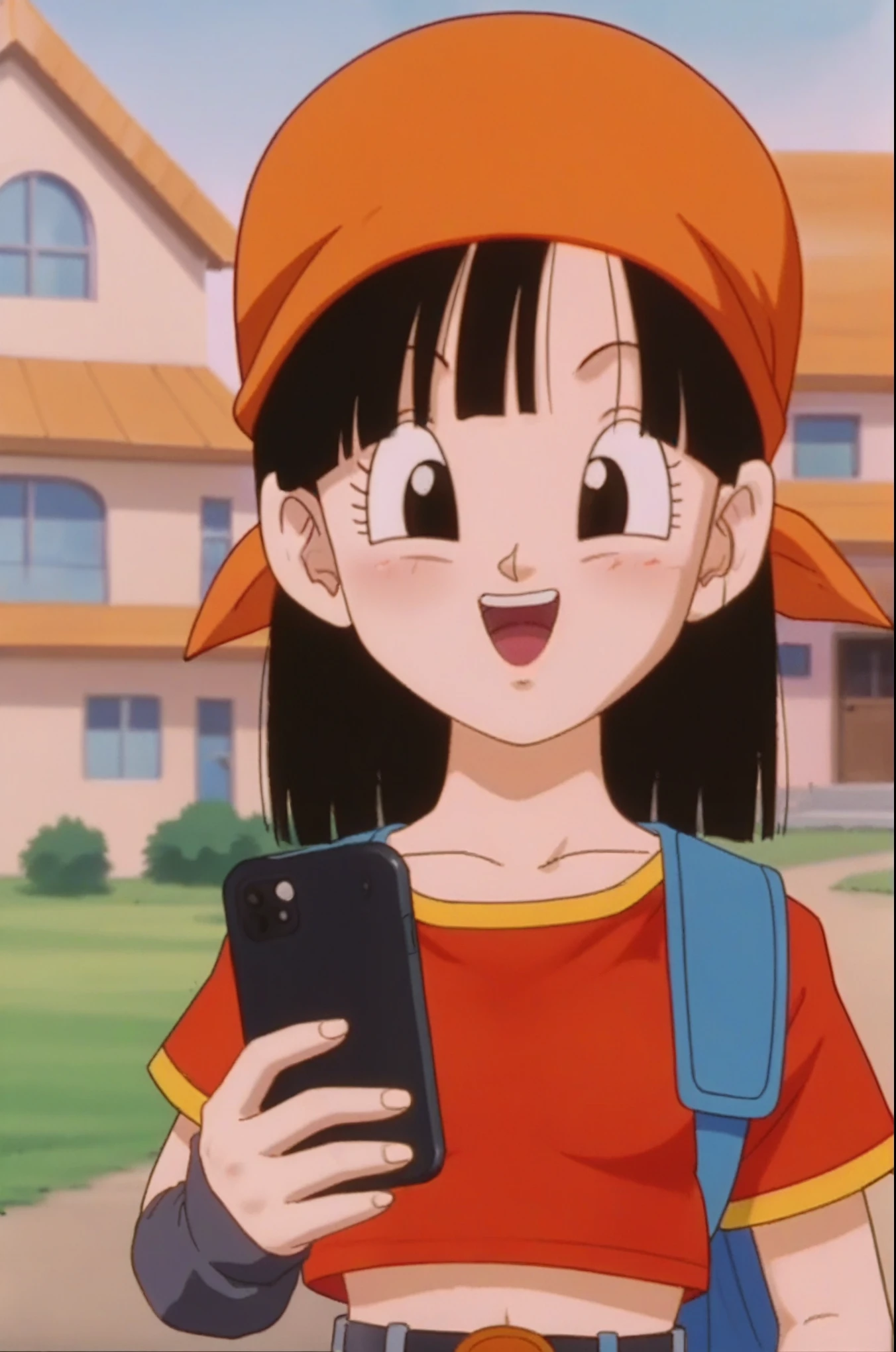source_anime, score_9, score_8_up, score_7_up, anime screencap,
pangt, 1girl, happy, bangs, closed mouth, blushing, black hair, field, brick town, sunset, A hand with thumb and little finger extended, hand forming call sign, making a traditional phone-like shape, phone, Watching the sunset, collarbone, whole body, teeth, blunt bangs, outdoors, black eyes, eyelashes, upper teeth only, close-up, red crop top, bandana, retro artstyle, , 1990s \(style\), orange headwear, medium ass, medium breasts