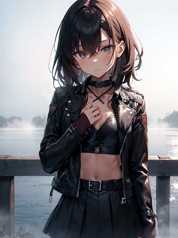 (Mysterious Fog:1.5), The background is the lakeside, The time is dawn, (flat chest:1.5), rider, Black Leather Jacket, Misaka Mikoto, 1girl, black choker, uhd, retina, masterpiece, ccurate, anatomically correct, textured skin, super detail, high details, high quality, best quality, highres, 4K