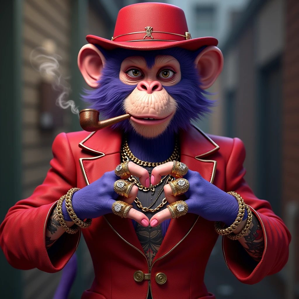 1 purple female monkey, with a red gangster suit with chains, hat and glasses, tattooed, with huge diamond and gold rings, smoking with a pipe, making a heart with both hands