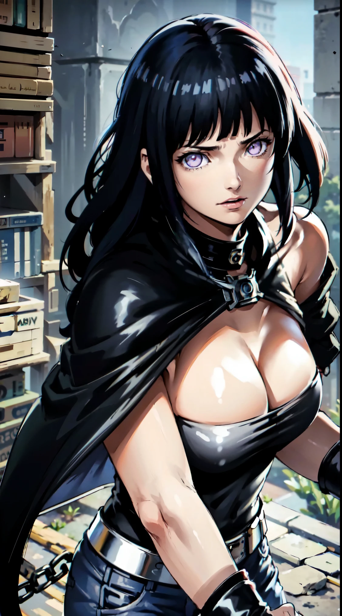 masterpiece,stunning realistic,best quality,sharpness,sharp face,smil,Rot im Gesicht sein,Photo of the upper body
black long hair,purple eyes,big ,tanktop,cargopants with many pockets,black cloak,silver necklace,silver chain,black gloves