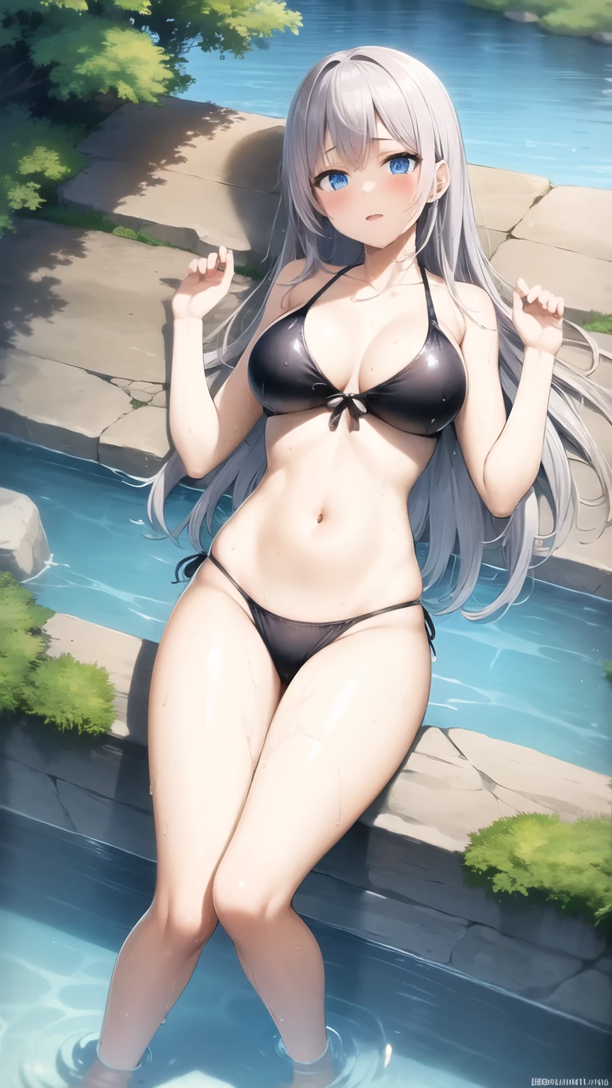 (masterpiece, Best Quality, High resolution), 1 girl, swimsuit, in the stomach, lying, looking at the viewer, landscape trees , waterfall and mountain stones,((view from above)),((wet body and hair)) , silver hair  , blue eyes 
