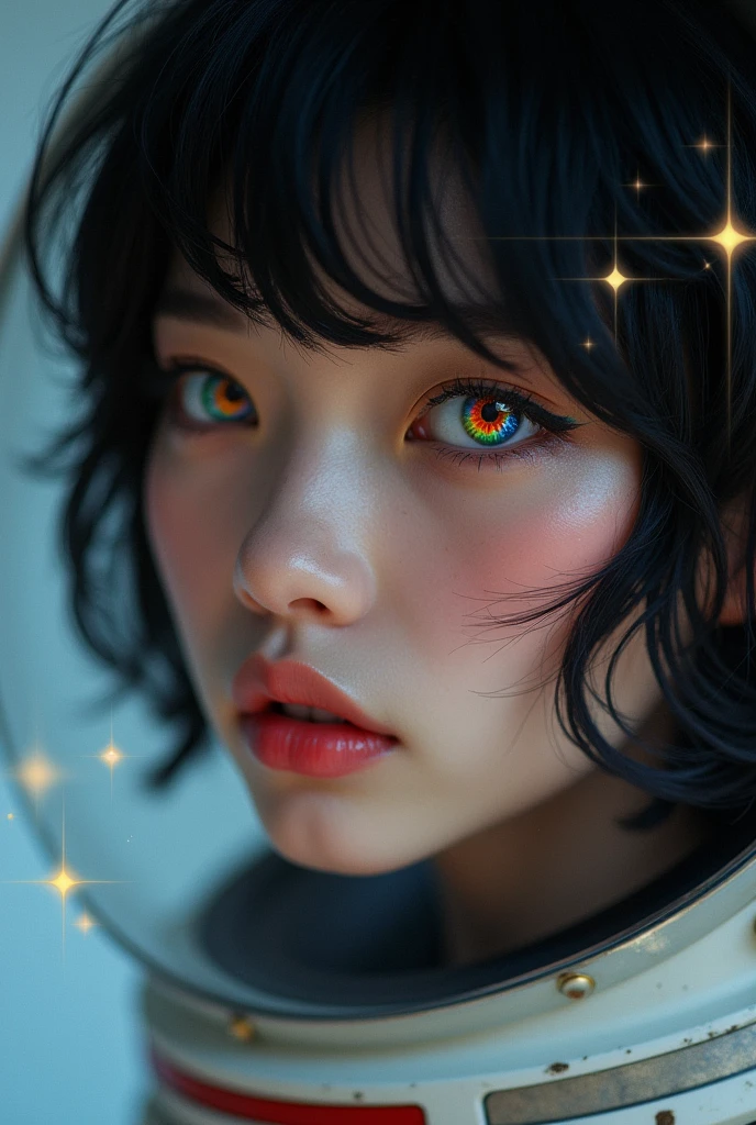 (Close-ups of even better masterpieces:1.5)0.9], (Space and astronauts:1.2) (Messy black hair:1.1) (Heterochromia、Xanthochromia、black eye:1.2) (Space Helmet:1.0) (Colored stars in my eyes:1.0) (Shining Sparkle:1.1) (Thick lips:0.9)Japanese beauty