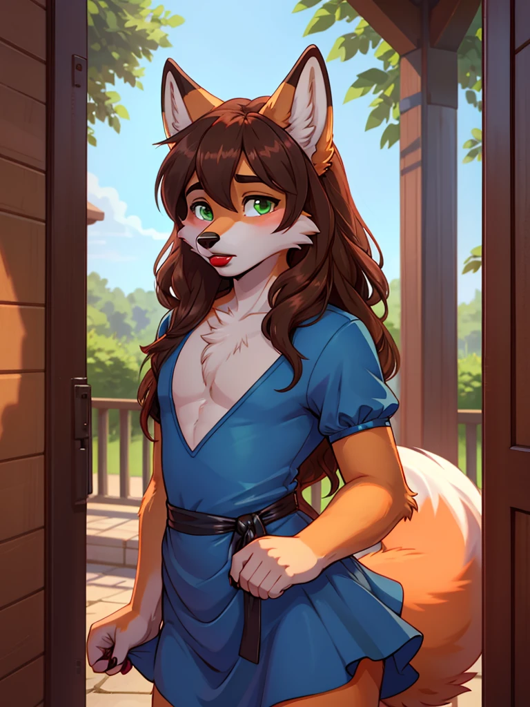 Best quality, furry male fox with green eyes, with brown long hair, with black spout, with red lipstick on lips, big lips, in a blue dress, crossdressing, bare chest, shy, he&#39;s waving his hand near his mouth, sexy pose, portrait, Against the background of the night street