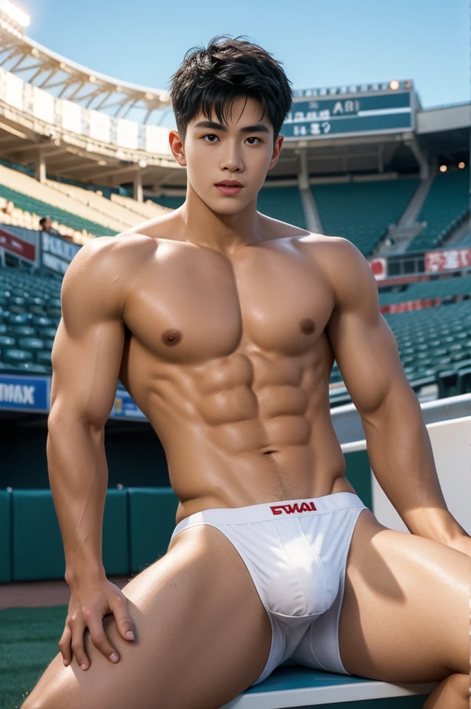 shaved armpits, Crowded baseball stadium, ager, Slim fit body, teeny, hota, very cute boy face, boy, cute face, young kids, Very young teenager, baseball stadium, baseball field scenery, Outdoors, he wore a small Tiny white thong covering half of his big dick, Sweat dripping all over the body, sweat covering all over the body, Full body photo, wearing Very tiny white thong, Proudly showing off his sweaty shaved armpits to audience in baseball stadium, completely naked just wearing thin Tiny thong, wearing baseball cap on his head, boy, very young boy, Cinematic soft lighting illuminates a stunningly detailed and ultra-realistic handsome korean male supermodel, ultra messy curly hair, clear honey eyes, captivating perfect smile, sensual, hot man, insanely handsome, showing off his sweaty body, very sixpack muscular body build, slender, toned, full body, 8k, photography, masterpiece, detailed face, detailed eyes, sexy, beautiful abdomen and beautiful legs and a detailed big hard bulge, expression of ecstasy, excited, slim, detailed eyes and lips, sixpack and fit body. Image quality is of the highest standard, with ultra-detailed features and a realistic appearance. The colors are bright and vibrant, enhancing the overall aesthetic. The lighting is soft and natural, casting a soft glow on the boy, don't merge body's