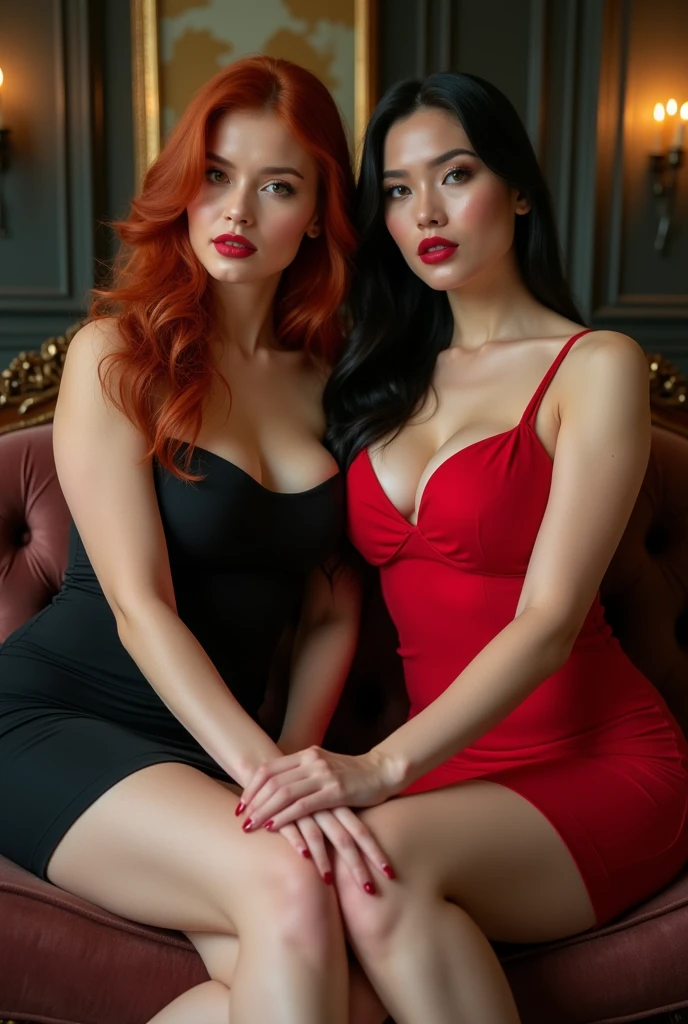 ultra realistic, photography, two girls: one with long red hair, 24 years old, hourglass figure, perfect body, natural medium breasts, wearing a sexy black sheath dress, the other one: long black straight hair, girl, 30 years old, hourglass figure, perfect fit body, giant breasts, she is wearing a sexy red sheath push-up dress, masterpiece, super detailed, detailed face, beautiful eyes, detailed eyeshadow, lip details, red lipstick, full body, wavy hair, revealing legs, sexy legs, great cleavage, they are wearing elegant high heels, they are a femme fatale, sitting on a couch, both have their legs crossed, full body shot, wide angle, zoomed out,