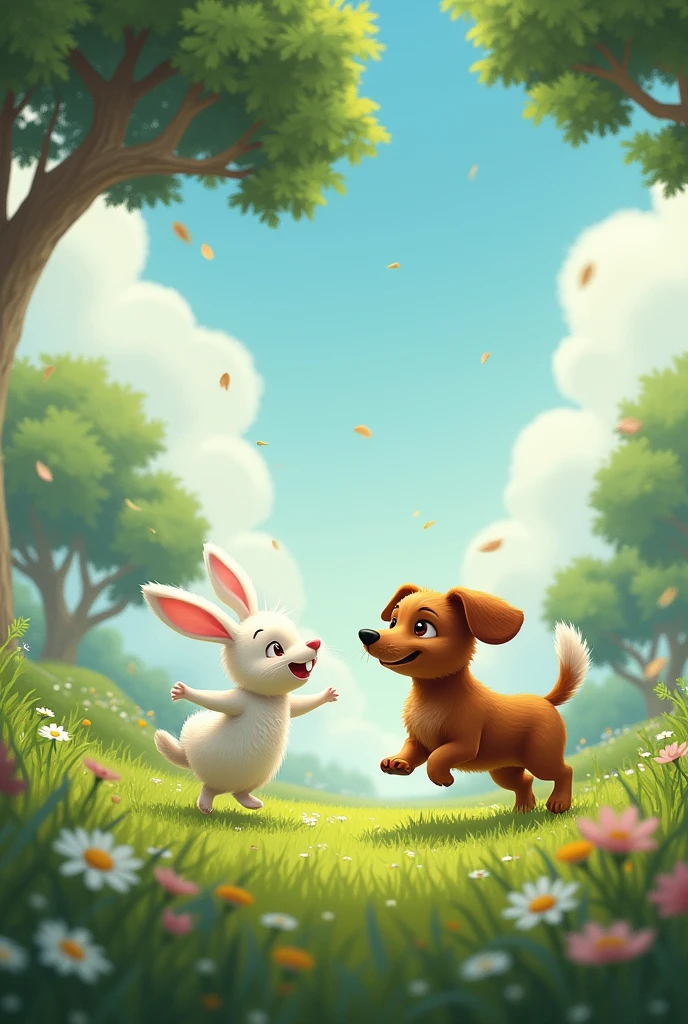 A little rabbit in a white dress and a brown dachshund are jumping and floating in the grass, the sky is low with clouds and big trees.
