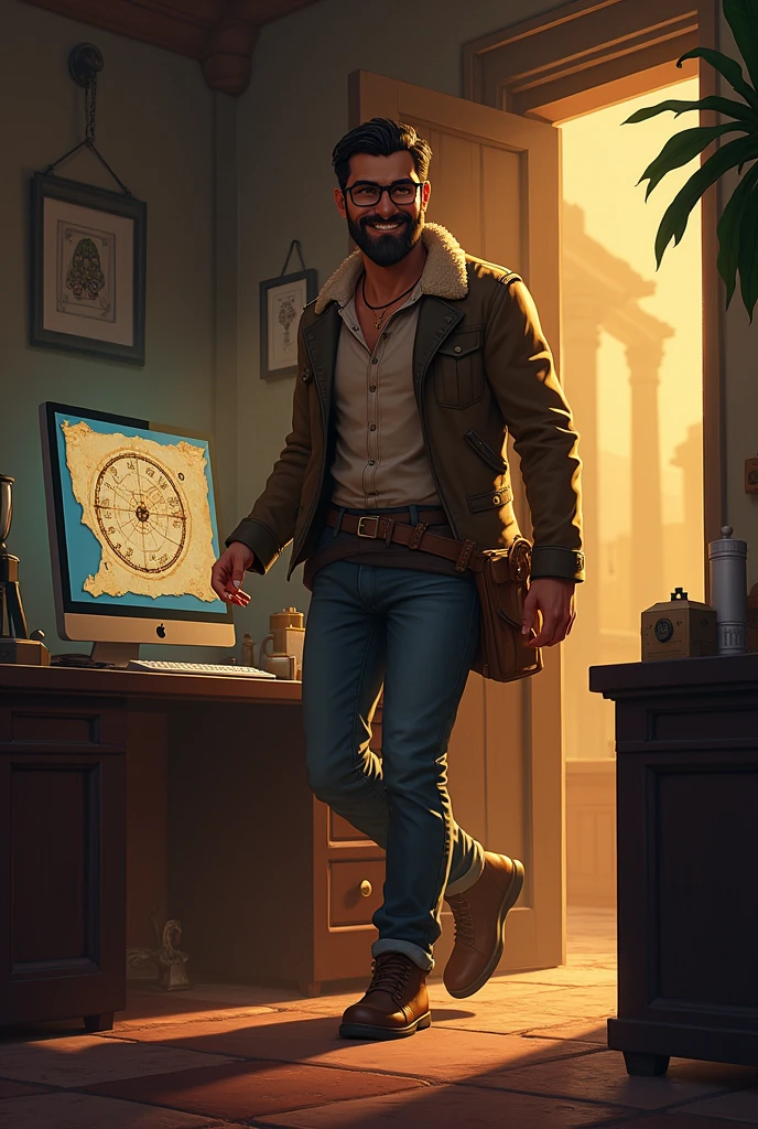 scene: Javier Mina returns to his office, with a satisfied look and a small jewel from the treasure on his desk. A new map with an ancient symbol appears on his computer screen, Suggesting a new adventure.