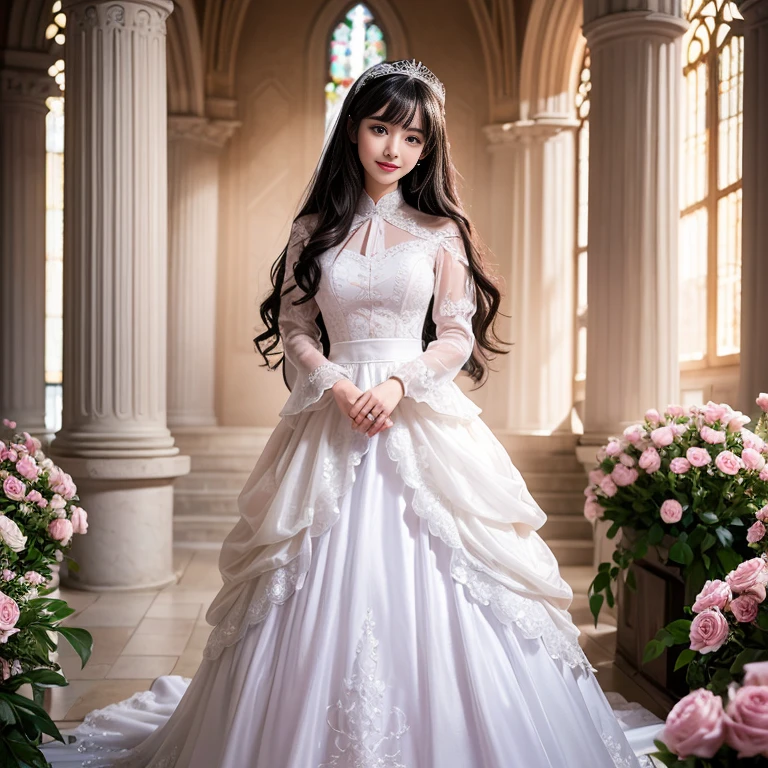best quality, Delicate face,beautiful visual work, lifelike, eternity, black hair, Long curly hair, blunt bangs, Smile, Detailed Background, Delicate face,pink blush,cold,((masterpiece))、(top quality)、8k、high detail、Super detailed,31 years old female,Seductive and whimsical style、masterpiece、born、Scenes resembling fairy tale illustrations、Intricate details and complex designs、Beautifully、magic、capricious、 Beautifully、Dream aesthetics、「𝓡𝓸𝓶𝓪𝓷𝓽𝓲𝓬、ethereal、charming、fickle、magic」、Realism、Visual effects、FXAA、SSAO、Shaders、voiceless、ambient lighting、Tone mapping、High resolution、Ultra high quality、Million pixels、(8K resolution:1.10)、8k、Below 8K、8K resolution、high detail、intricate details, (high quality:1.2、masterpiece:1.2、:1.21)、(31 years old female:1.21)、(Smile excitedly)、(Surrounded by the dreamy atmosphere、Model diagram,full-body shot,Normal 2 feet,Don't show your fingers,wearing white princess wedding dress, Don’t show your feet, big skirts, princess dress, wedding princess dress, ball gown wedding dress, bride, bridal veil,in the church,Holding flowers in both hands, long skirt, long sleeves,a bride, skirt covers feet.