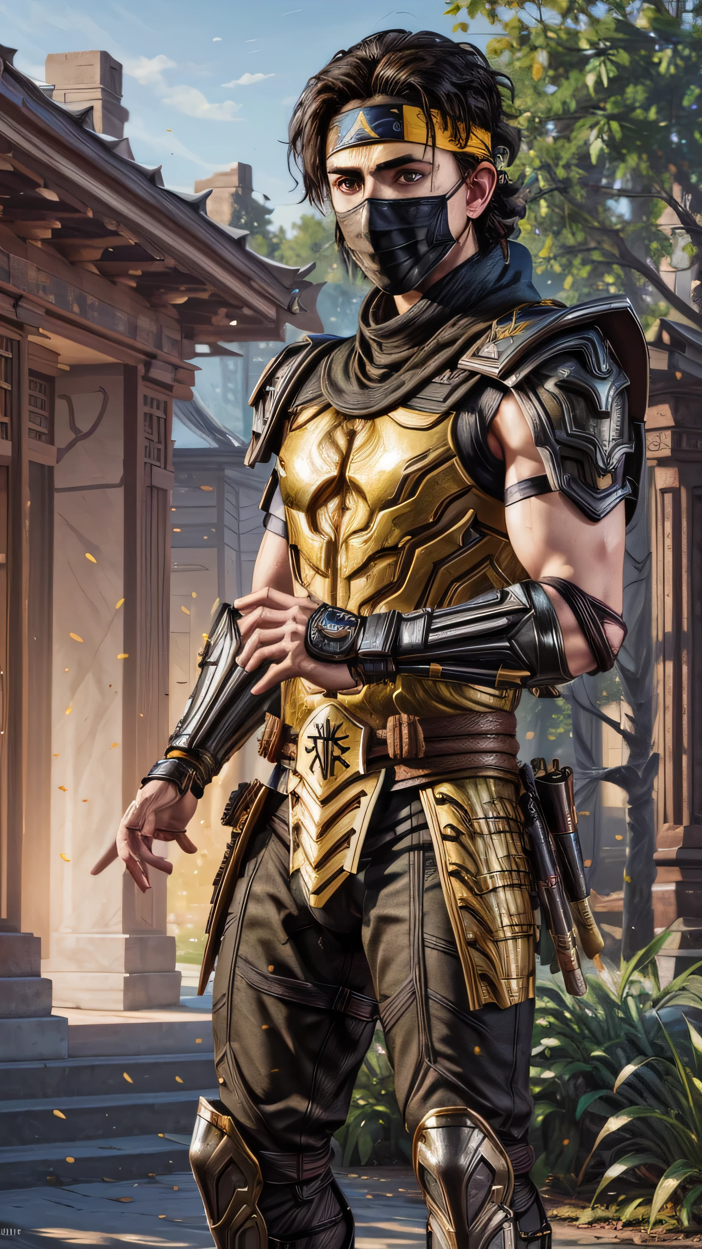 (Timothee Chalamet) as Takeda Takahashi from Mortal Kombat, black hair, headband, ((ninja mask)), scarf, metal armor, yellow armor, (insanely detailed, beautiful detailed face, masterpiece, best quality), cinematic lighting, 1man, solo, full body view, front view, looking at viewer, intricate, high detail, sharp focus, dramatic, photorealistic painting art by greg rutkowski