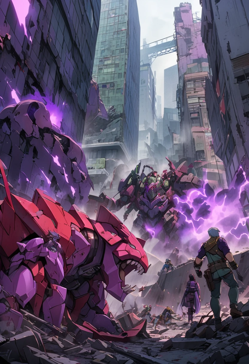 Evangellion, Purple Eva (battle damaged and bleeding blood running from open mouth) shambling out of a mysterious fog, ruins of Neo Tokyo