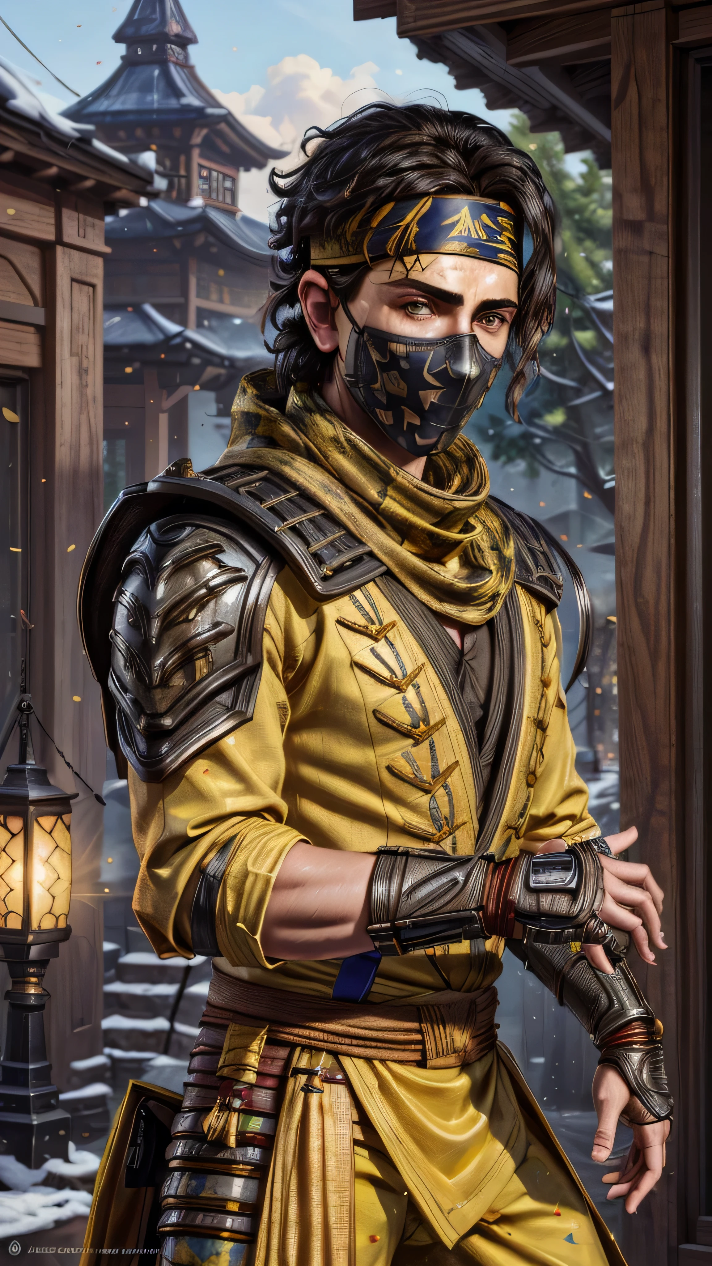 (Timothee Chalamet) as Takeda Takahashi from Mortal Kombat, black hair, headband, ((ninja mask)), scarf, metal armor, yellow armor, (insanely detailed, beautiful detailed face, masterpiece, best quality), cinematic lighting, 1man, solo, full body view, front view, looking at viewer, intricate, high detail, sharp focus, dramatic, photorealistic painting art by greg rutkowski