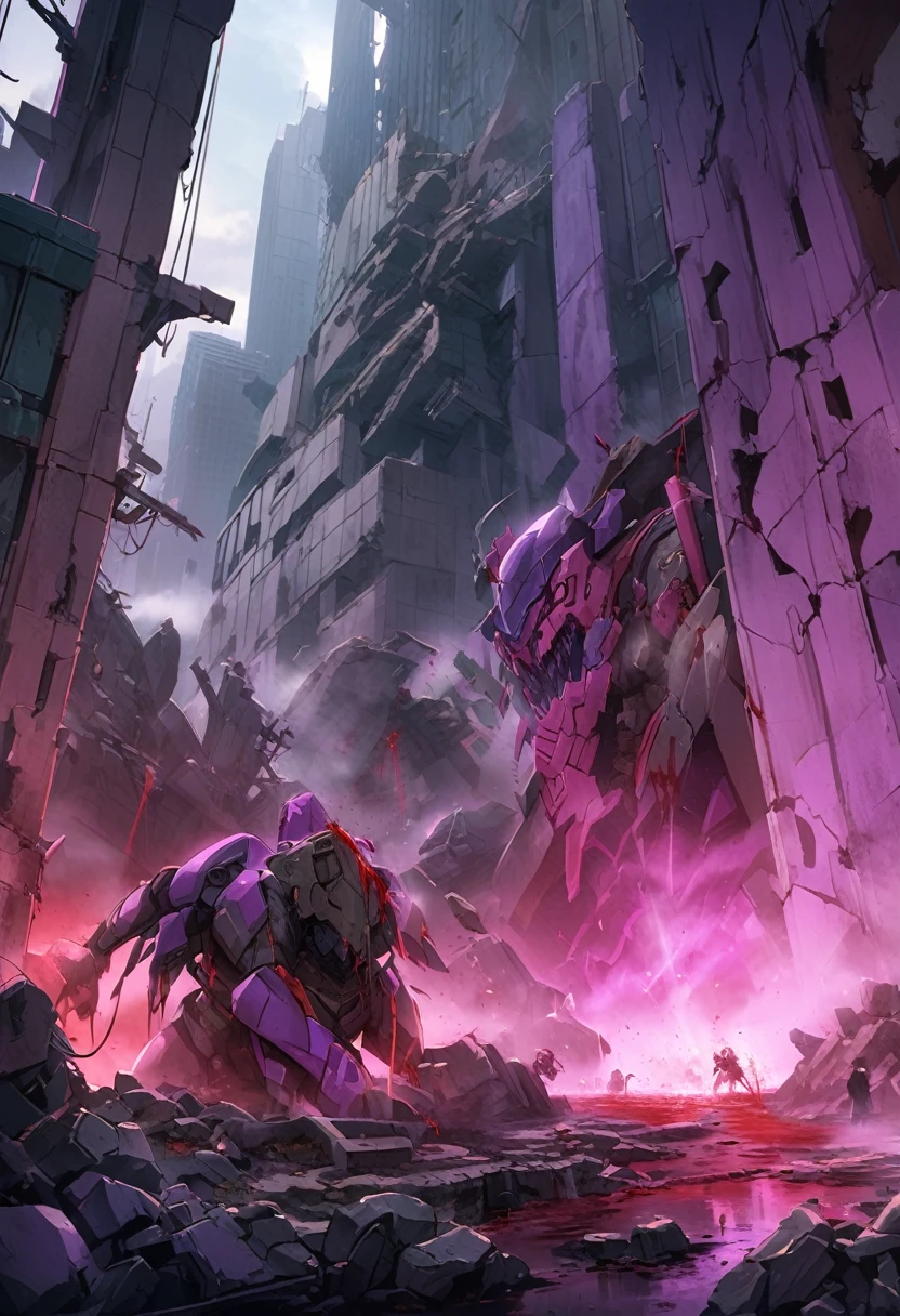 Evangellion, Purple Eva (battle damaged and bleeding blood running from open mouth) shambling out of a mysterious fog, ruins of Neo Tokyo