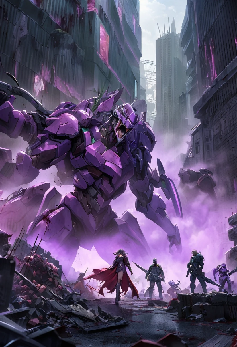 Evangellion, Purple Eva (battle damaged and bleeding blood running from open mouth) shambling out of a mysterious fog, ruins of Neo Tokyo