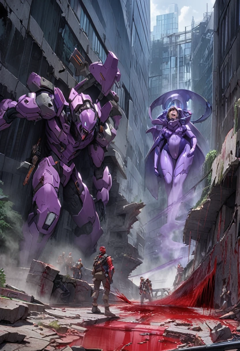Evangellion, Purple Eva (battle damaged and bleeding blood running from open mouth) shambling out of a mysterious fog, ruins of Neo Tokyo