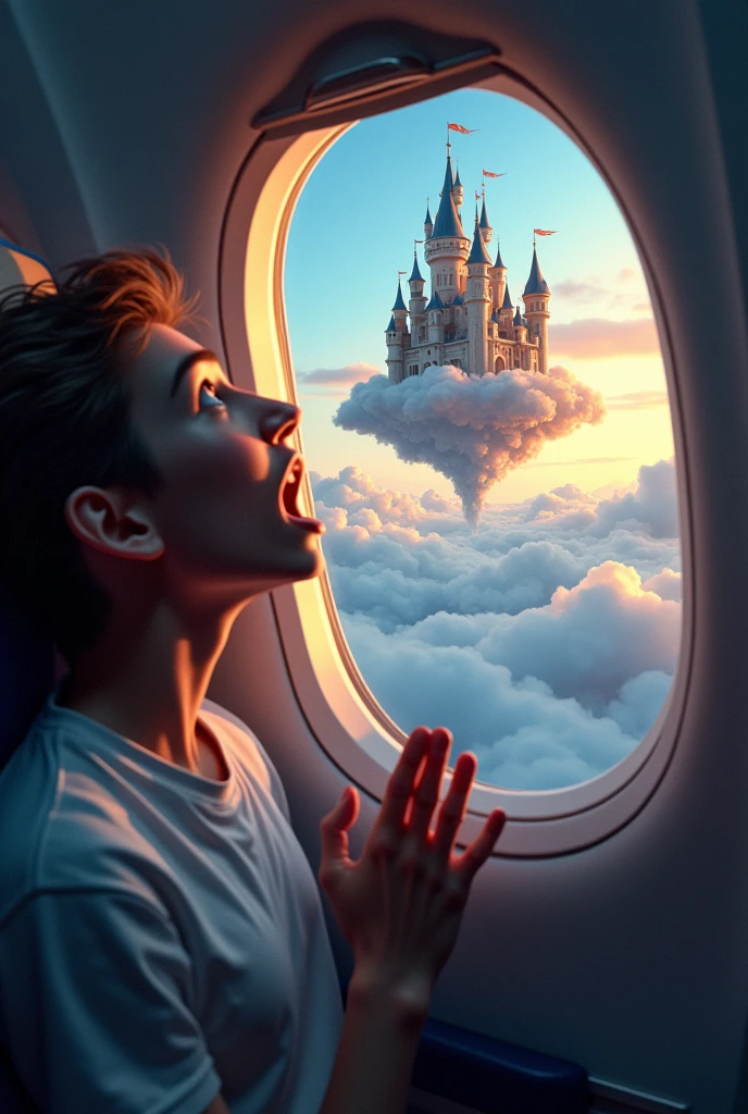a man young shocked show with hand in an airplane, shocked to see a tea cup castle floating on a cloud, ultra detailed digital painting, cinematic lighting, dramatic clouds, highly detailed, intricate architecture, volumetric lighting, vibrant colors, photorealistic, epic fantasy scene, dramatic atmosphere, cinematic composition