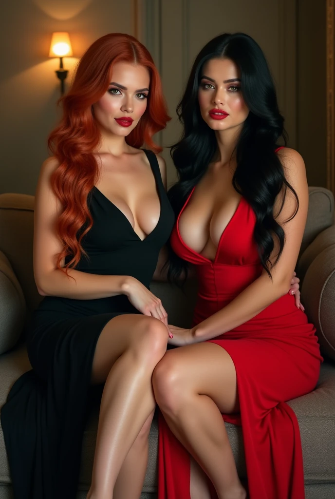 ultra realistic, photography, two girls: one with long red hair, 24 years old, hourglass figure, perfect body, natural medium breasts, wearing a sexy black sheath dress, the other one: long black straight hair, girl, 30 years old, hourglass figure, perfect fit body, giant breasts, she is wearing a sexy red sheath push-up dress, masterpiece, super detailed, detailed face, beautiful eyes, detailed eyeshadow, lip details, full body, wavy hair, revealing legs, sexy legs, great cleavage, they are wearing elegant high heels, they are a femme fatale, sitting on a couch, both have their legs crossed, full body shot, wide angle, zoomed out,