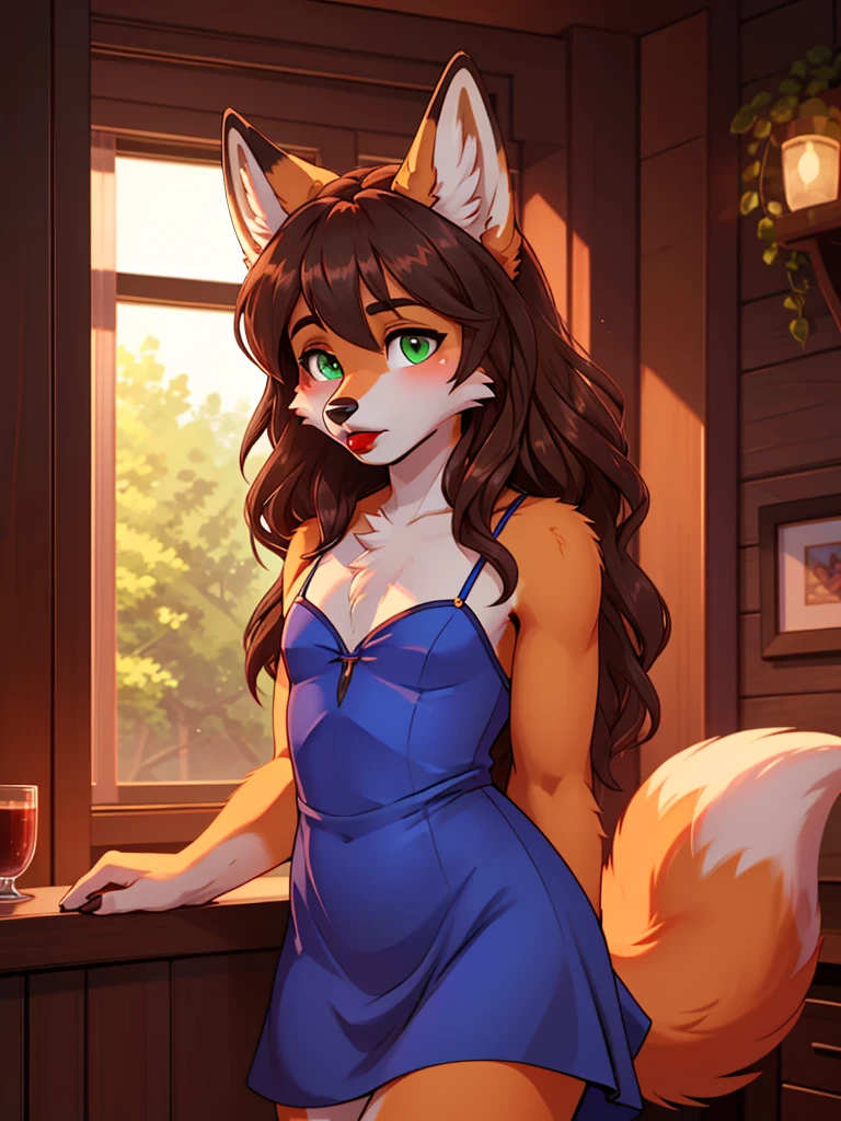 Best quality, furry male fox with green eyes, with brown long hair, with black spout, with red lipstick on lips, big lips, in a blue dress, crossdressing, bare chest, shy, he&#39;s waving his hand near his mouth, sexy pose, portrait, Against the background of the night street