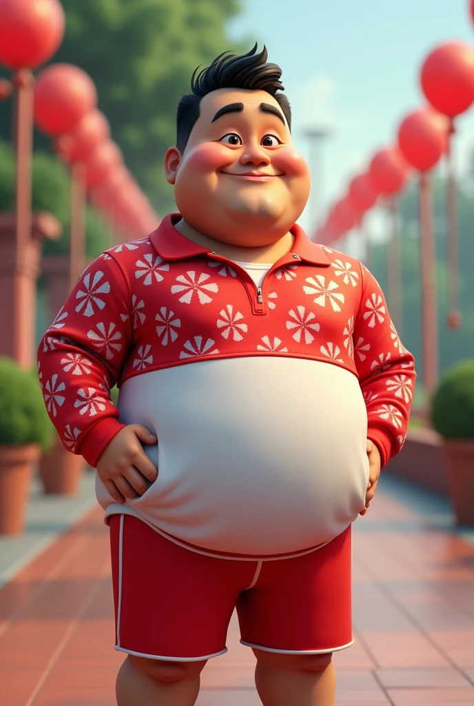 3D cartoon image , cheerful different style, handsome adult Indonesian man, 30 years old, tall and overweight, wearing long-sleeved loose sportswear with a red and white pattern for the Indonesian Independence Day, casual , , high resolution 4K; realistic, original photo