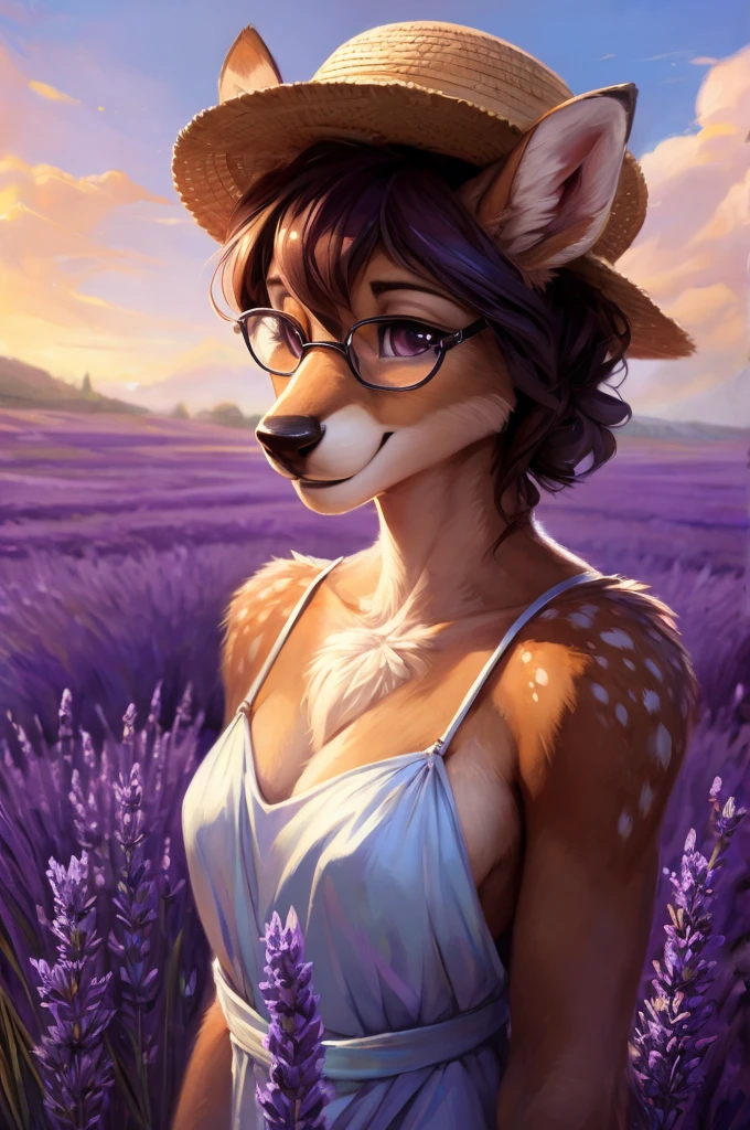 uploaded on e621, artstation, by Pixelsketcher, by Bayard Wu, by Thomas Benjamin Kennington , by Einshelm, by hioshiru and kenket, Chunie, portrait, solo anthro female deer doe, with small featureless , clear dark blue, cinematic lighting, day, sunny day, lavender field, stays in a lavender field, lavender field background, mediterranean background, horizon background, shiny, short curly dark brown hair, wears big blalasses, very very beautiful furry art, furry art, smiling, joyful, shiny, happy, feminine, cute face, muzzle, fluffy chest, flawless face, Fallow deer, 1girl, Sakimichan is beautiful, Masterpiece, Wavethesallow Face, shiny, Detailed image, portrait, Detailed image, portrait, full body, wearing pure white and wide spaghetti straps summer dress, wearing beige summer straw hat, shiny, realistic face, perfect anatomy, hourglass body, (furry body:1.1), anthropomorphic deer, looks at the viewer, small fluffy tail, detailed background, (cute anatomy:1.1), walks in a lavender field, a few cypress trees in the background, few lavender flowers in hair