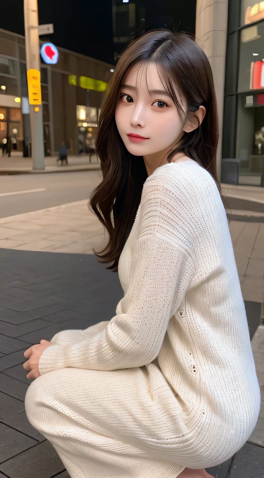 In detail, High resolution, high quality、Perfect dynamic composition, Beautiful attention to detail, Medium Hair, 、Natural color lip,Kamimei、Shibuya Ward、20-year-old girl、1 person、Clear Skin、Shiny Hair、Tabletop, 最high quality, figure, Very detailed, In detail, High resolution, 8k、The correct state of the human body、squat、Cute pose,Disheveled Hair,Beautiful feet,Perfect beautiful face,KPOP idol faces,I'm wearing a long-sleeved knit dress.