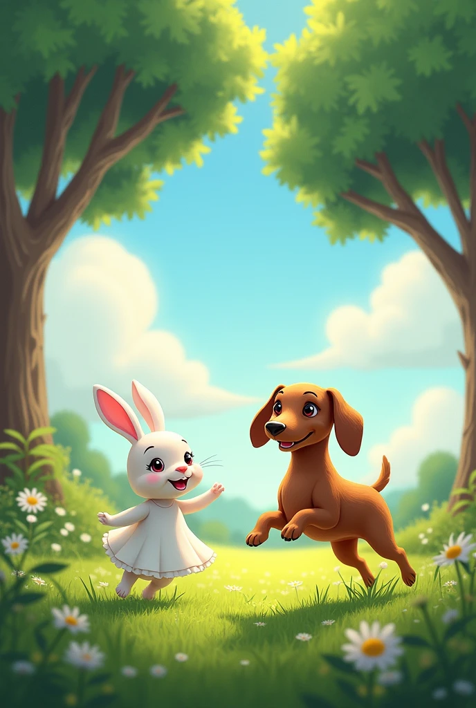 A little rabbit in a white dress and a brown dachshund are jumping and floating in the grass, the sky is low with clouds and big trees.