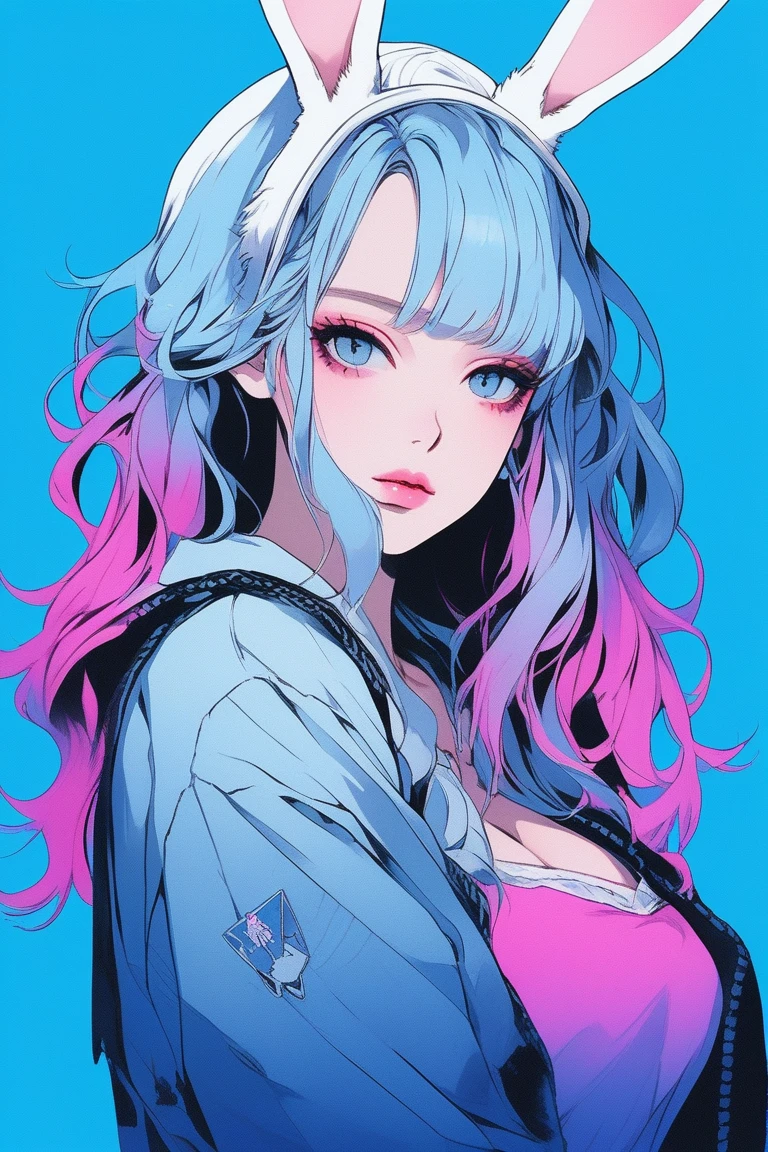 Illustrator, anime , Realistic ,sketch , 1 person, ,lip, Bunny Girl Costume, (((whole body))), order, Blue gradient background, Neon Medium Hair,Texture Trim, Canadian, (masterpiece,Highest quality) 
