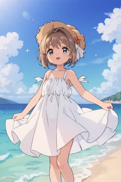 High resolution backgrounds,Beautiful background,anime, cute,Midsummer Beach,Cumulonimbus clouds floating on the horizon,Reflective and sparkling sea surface,,A white summer dress with only straps around the shoulders,Chestnut Hair,Short Bob Hair,barefoot,Happy expression,White straw hat,Lens flare,The hem of a skirt fluttering in the wind,Cowboy Shot