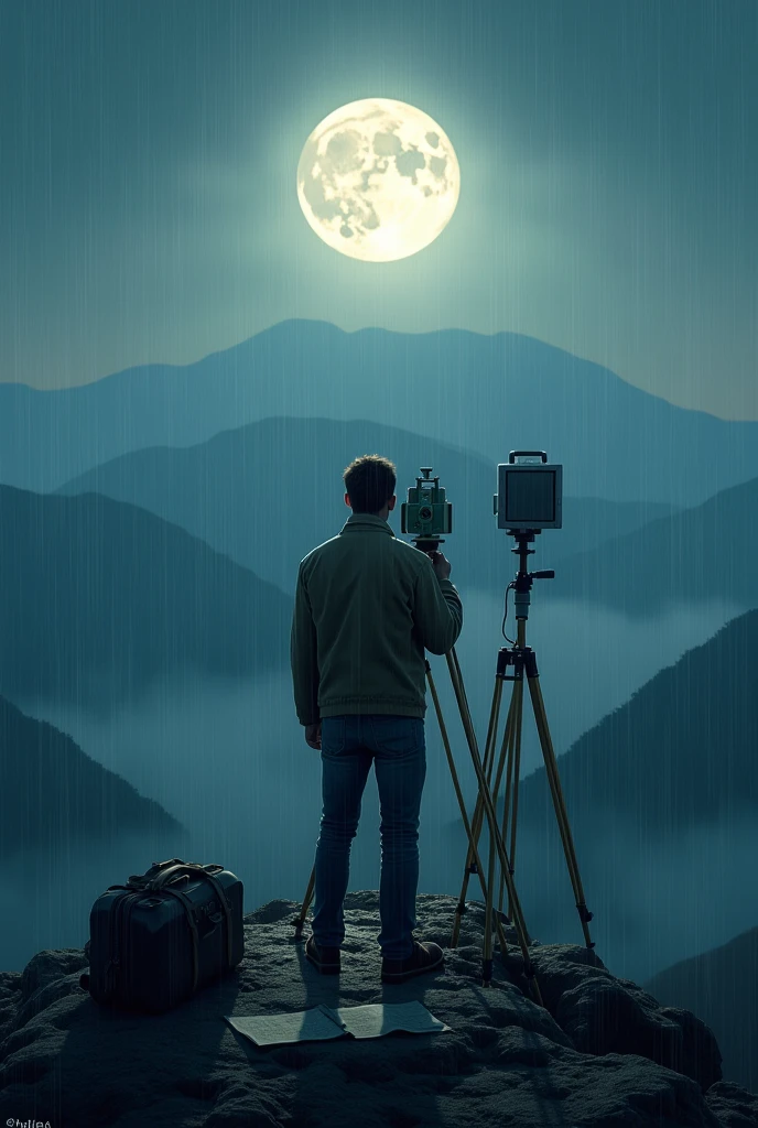 A man is focussing moon by using total station. he is standing top of the mountain . Mountain is covered by contour line and raining also. Two small maps are both side of him. And a bag is lyingdown .