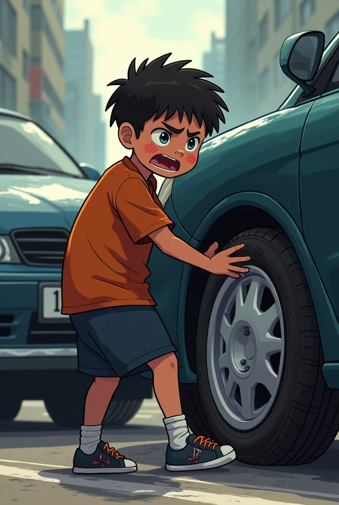 A man getting hit by a maruti ertiga car in his leg and his age 13 and gets very hurt and bleeds and he is lighter orange and he doesn't fall he is angry and sad at the same time and he hits from the front of car and the cars tire is on his leg still show the car also this image is to be seen from 500 m away and the boy should be crying