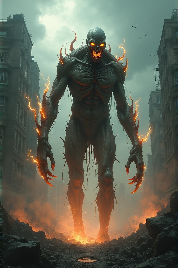 monster, glowing, sky, building, glowing_eyes, smoke, outdoors, blood, zombie, city, teeth, giant