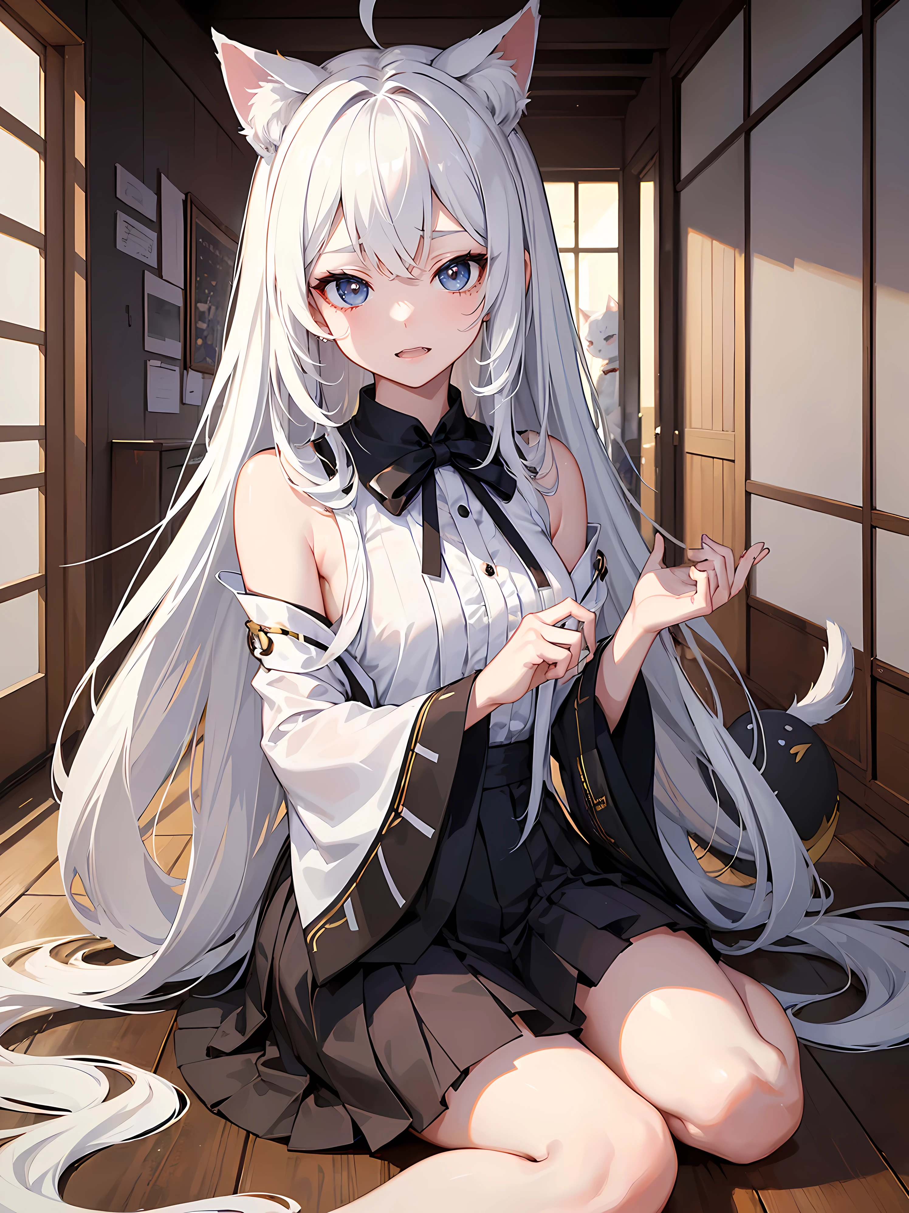1girl, long white hair, blue eyes, black skirt, looking at viewer, ultrasharp, 8k, masterpiece, absurbres, wearing plain white shirt, city, sitting, smiling, NSFW, dick in pussy, ahegao