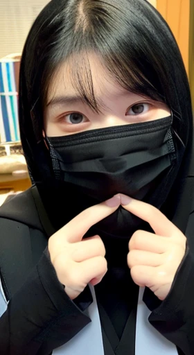 ((Wear a black mask))、((Hiding face with hands)、Please cover your face with your hands、Shooting from below、Your eyes are smiling、bright、OK、Shortcuts、18-year-old、目元はsmile、smile、With black underwear、Very obscene、((Selfie style in my room)),((student))、((Very young))、((very cute))、((So adorable))、((Please wear a black non-woven mask.....)),Highest quality, masterpiece, Ultra-high resolution, (Realistic:1.4), RAW Photos, Very detailed, Perfect Anatomy, 1 person, 18-year-old, Famous Japanese idols, Front view, Crotch close-up,, ((Accentuate your breasts))
