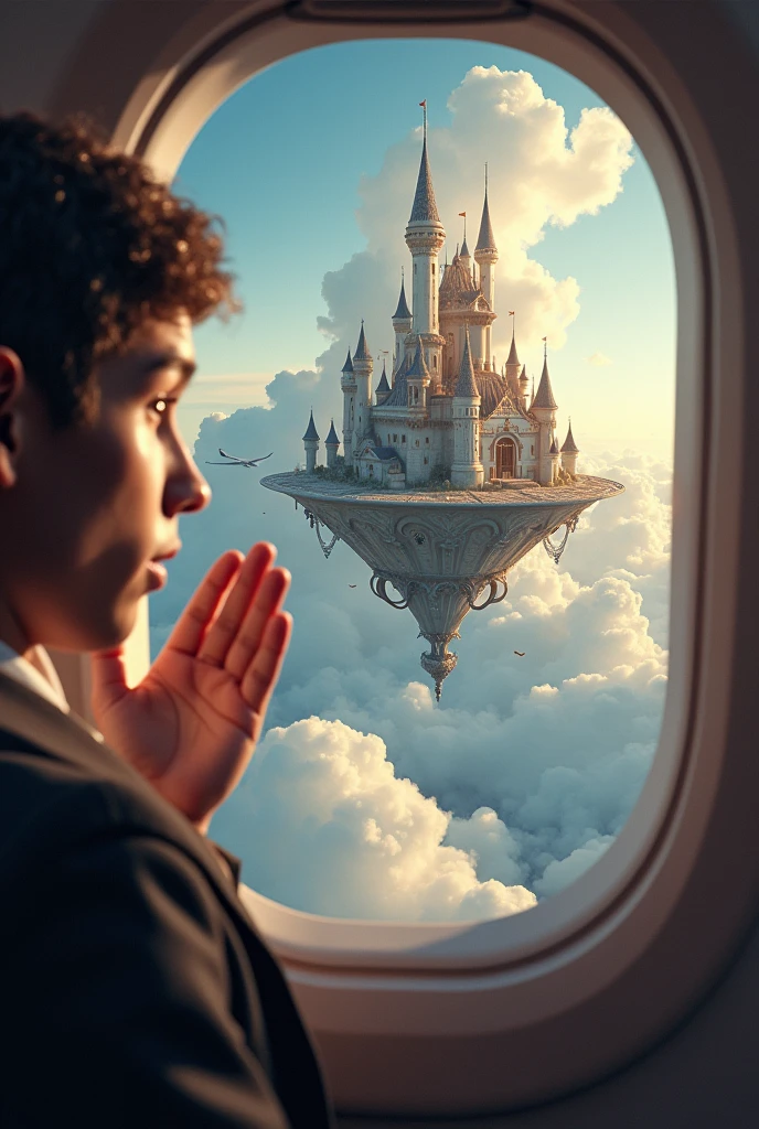 a man young shocked show with hand in an airplane, shocked to see a tea cup castle floating on a cloud, ultra detailed digital painting, cinematic lighting, dramatic clouds, highly detailed, intricate architecture, volumetric lighting, vibrant colors, photorealistic, epic fantasy scene, dramatic atmosphere, cinematic composition