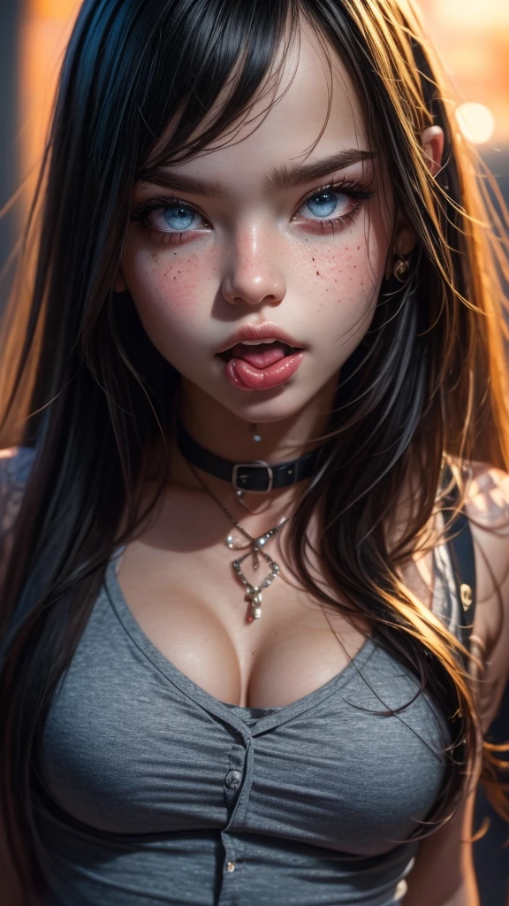 (insanely detailed, beautiful detailed face, masterpiece, best quality), red hair, ultra detailed beautiful eyes, very long hair, looking at the viewer, giant tits, busty, glowing eyes, freckles, (red hellish background), beautiful detailed glow, a lot of glow, dominant personality, hyper-realistic, perfect hand, 1-demon solo, (masterpiece, extremely_detailed_CG, 8k_wallpaper:1.2) backlight, shadow, chain leash, chained, chain, wearing spiked collar, open leather jacket in the upper body, showing boobs, demonic multitude of lights and glows, focus on tits, nsfw, naked, freckles, yellow eyes, drooling, yellow eyes, sharp teeth, open mouth, red horns, tongue, licking, saliva, fangs, tongue out,