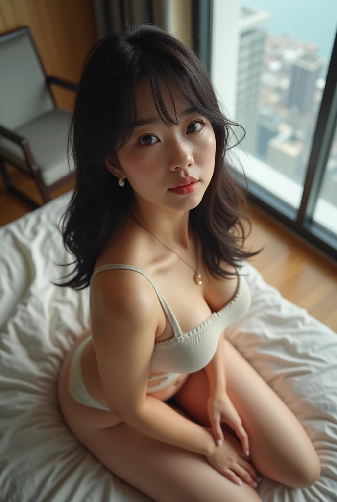 20-year-old Asian Woman Girl. - Style: realistic photo, Realistic. - Body Type: thick body, thick legs, thick tights, arms, and shoulders, thick ass. - Breast: (Small Breast:1.4), (Show Cleavage:1.3), (Show Nipple:1.4), (Sweating:1.2), Facial Feature: Beautiful, Gorgeous, Teenager, Fresh, Young. - Expression: Shy, Pink Blush on Face, Sexy Eyes, Sexy Look, Sexy Smile, (Sweating:1.4), Innocent Look, Tipsy. - Hairstyle: Blunt Bangs, Medium Straight Hair. Clothing: (Nude:1.6), (Off-Shoulder:1.3),. - Body Pose: (lying on bed:1.3). - Behaviour: Waiting, Want Something, Secretly. - Accessories: Earrings, No Hair Accessories, Environmental Details:, - Setting: Bed Room., - Lighting: Natural Light., - Decoration: Modern Bed, Chair, Window, White Curtain, City View. Top view. pov, ultra-realistic photo, UHD, anatomically correct.