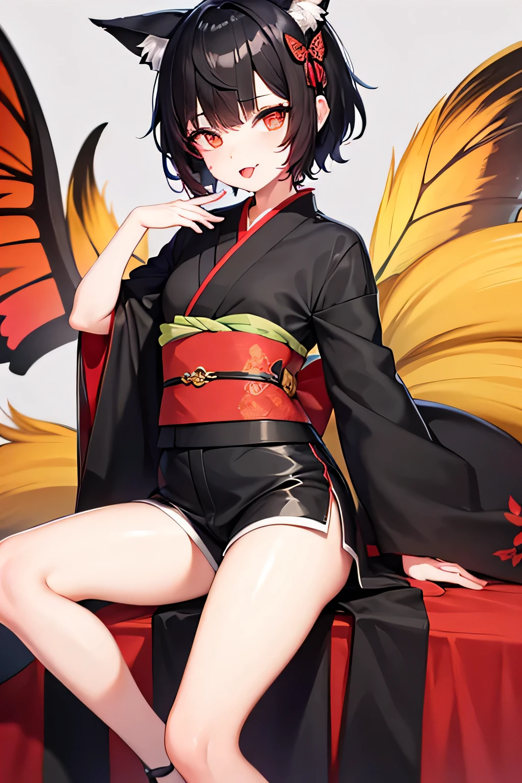 1 person,Black Hair,Short Hair,juvenile,Fox ears,kimono,Shorts,Crimson eyes,Red butterfly motif,Women,Crossdresser,Sticking out tongue